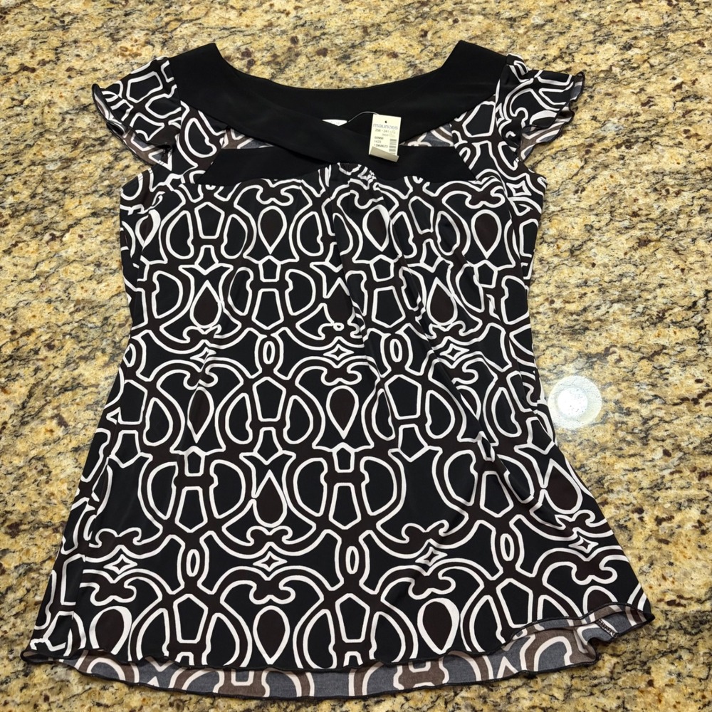 NEW Studio Y Maurices Women XL Black Geometric Scroll Cap Sleeve Blouse v